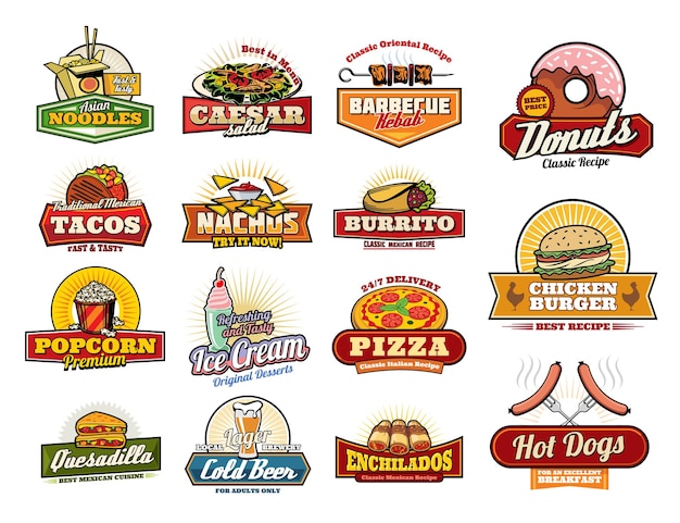 Ícones de lanches e refeições de comida rápida asiática mexicana