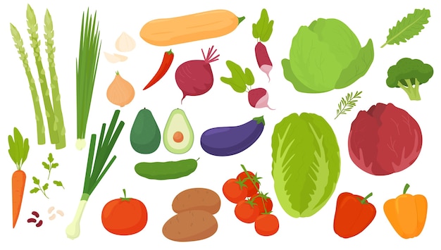 ícones de legumes definidos no estilo cartoon. Coleção de produtos agrícolas para menu de restaurante, rótulo de mercado.