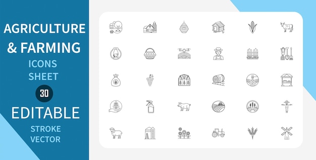 Icones de linha de Agricultura e Agricultura conjunto Ferramentas Culturas Animal Estruturas agrícolas e mais
