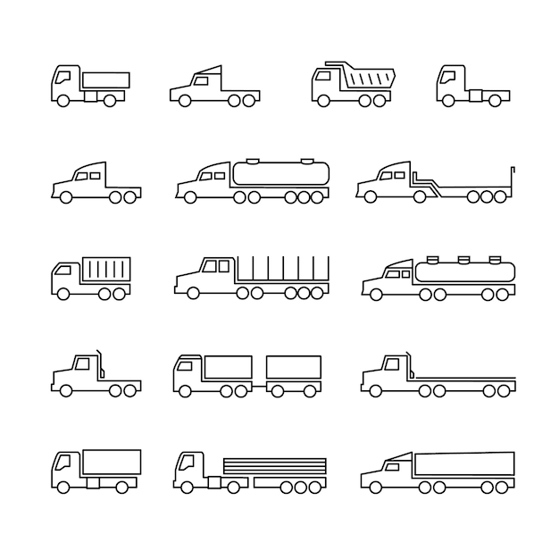 Ícones de linha de caminhão. reboques de entrega, trukcs de carga, dumpers e van. símbolos isolados de contorno de transporte