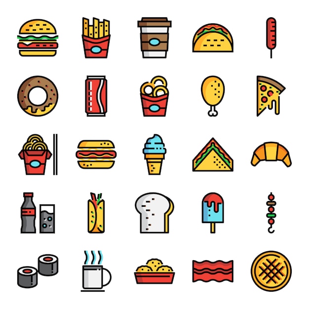 Ícones de linha de cor perfeita de pixel de fast-food