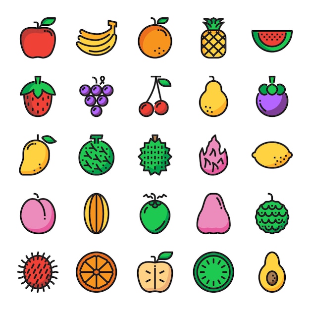 Ícones de linha de cor perfeita de pixel de fruta