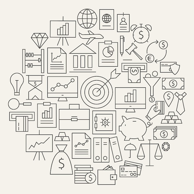 Ícones de linha de dinheiro de negócios de finanças conjunto em forma de circular. ilustração em vetor de negócios e objetos de escritório. gráfico e infográficos. dinheiro e itens financeiros.