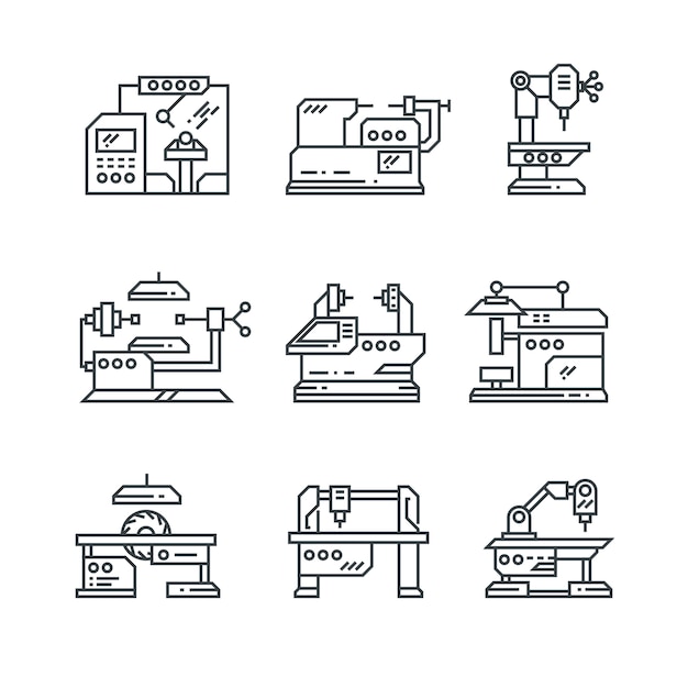 Ícones de linha de máquinas industriais.