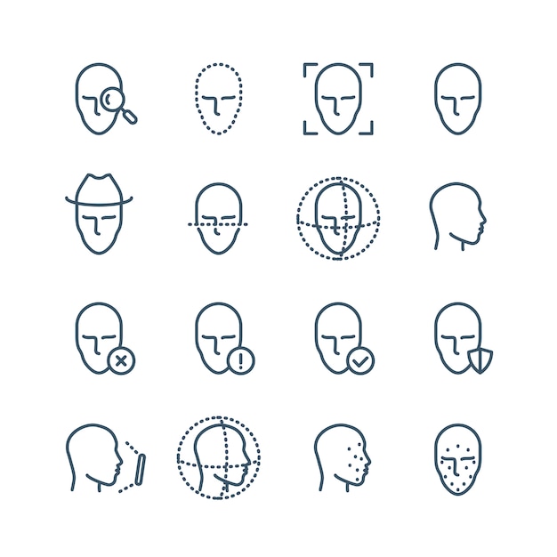 Vetor Ícones de linha de reconhecimento de rosto. enfrenta a detecção de biometria, varredura facial e desbloqueio de pictogramas vetoriais do sistema. varredura facial, ilustração de identificação biométrica de rosto