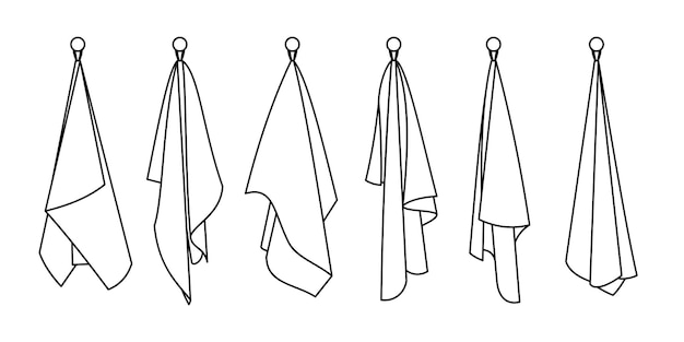 Ícones de linha de toalhas de hotel. desenhos animados de itens limpos para banheiro, desenhados à mão pendurados fofos produtos têxteis de algodão em branco para secagem, ilustração vetorial de toalhas isoladas no fundo branco