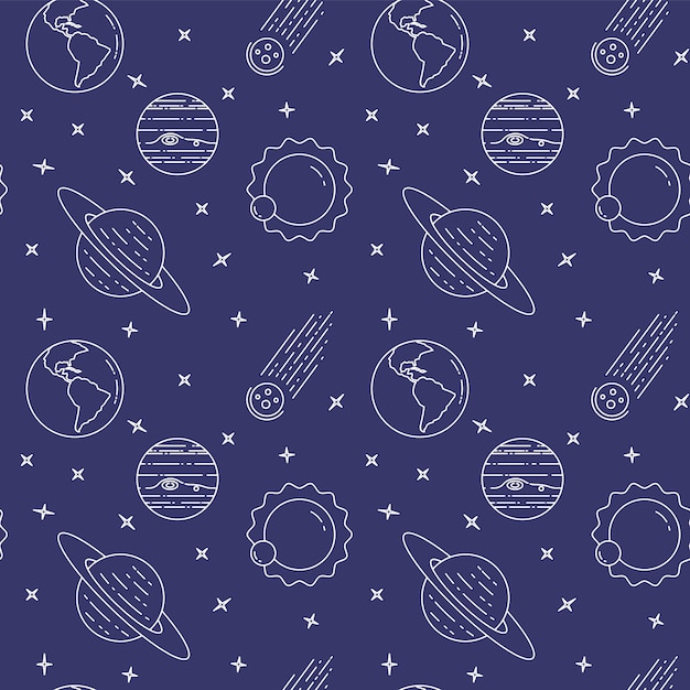 Vetor Ícones de linha de viagem espacial. elementos de planetas, asteróide, sol, terra. padrão sem emenda conceito de site, cartão, infográfico, anunciar papel de parede site têxtil vector ilustração