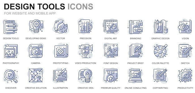 Ícones de linha simples ferramentas de Design Set para site e aplicativos móveis