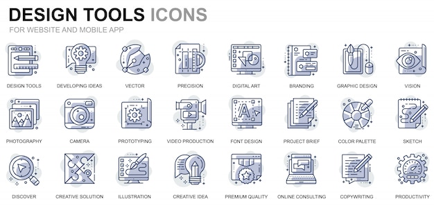 Ícones de linha simples ferramentas de design set para site e aplicativos móveis