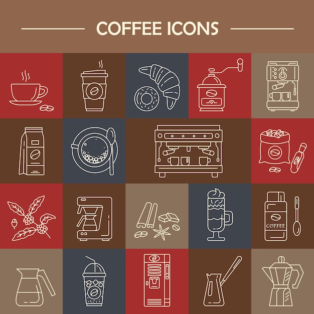Ícones de linha vetorial de equipamentos para fazer café conjunto de café