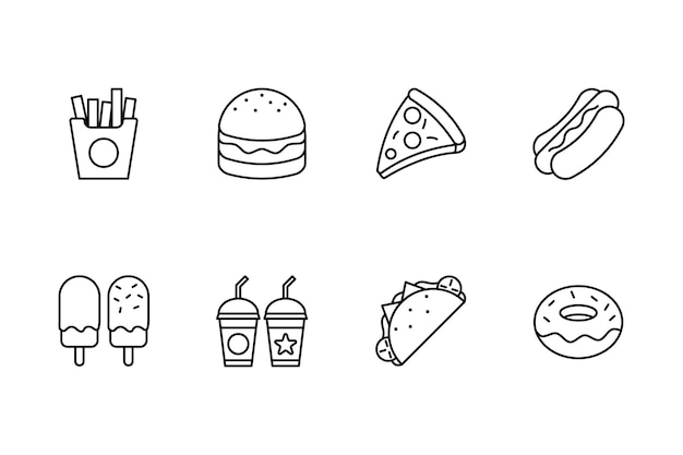 Ícones de linhas de fast food com ilustrações