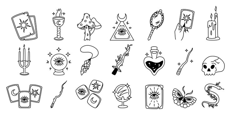 Vetor ícones de linhas de tarot mágicas símbolos ocultos místicos para cartas de tarot design astrologia alquimia adivinhação conhecimento bola de cristal mágico mão olho conjunto vetor