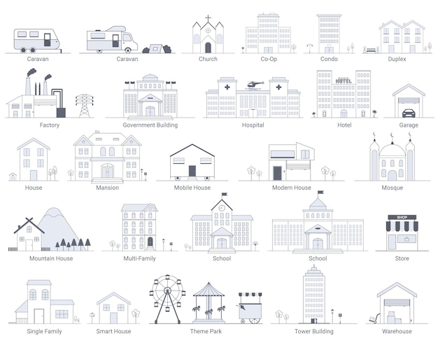 Icones de linhas vetoriais em escala de cinza da coleção de edifícios comuns