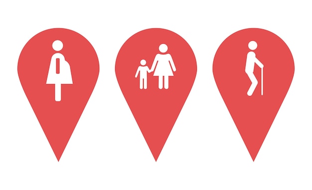 Ícones de localização. ícones de localização indicando grávidas, idosos, mulheres com crianças