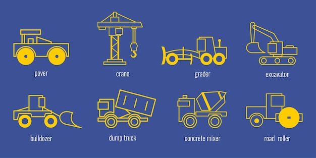 Ícones de máquinas de construção de estradas em um fundo colorido