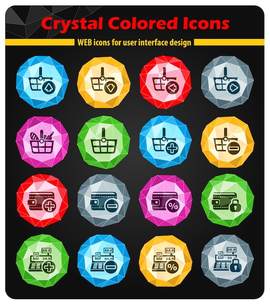 Ícones de marketing e comércio eletrônico em cristais de botões coloridos