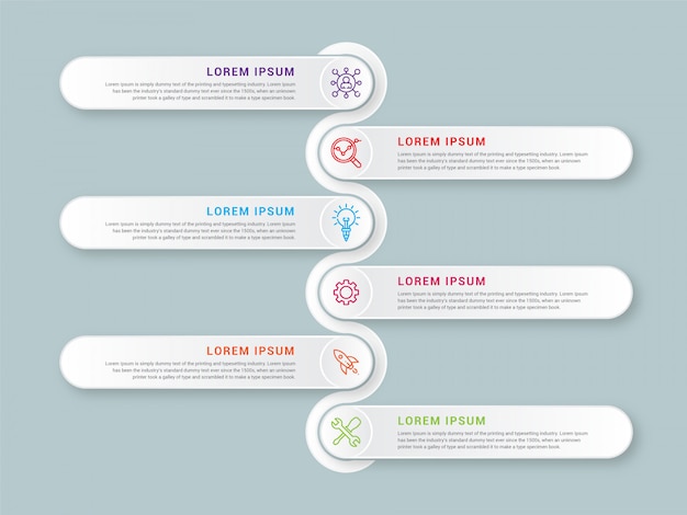 Ícones de marketing e vetor de design de infográfico de negócios podem ser usados para layout de fluxo de trabalho, diagrama, relatório anual, design de web. conceito de negócio com seis opções, etapas ou processos.