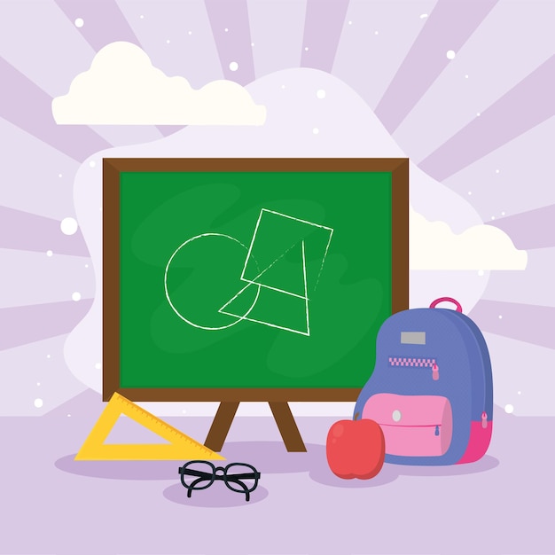 Ícones de material escolar e quadro-negro