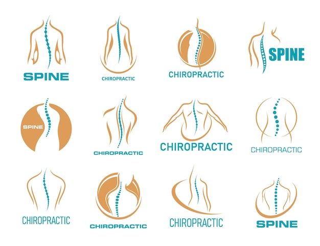 Vetor Ícones de medicina quiroprática fisioterapia dor nas costas e saúde do corpo símbolos vetoriais de massagem terapia quiropráctica ou clínica de fisioterapia e conjunto de emblemas do centro de quiroprático osteopático