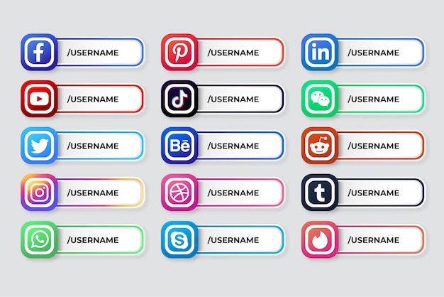 Ícones de mídia social e logotipos com o terceiro conjunto de rótulos inferior