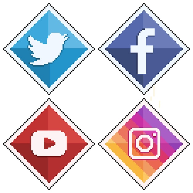 Ícones de mídia social e redes sociais em pixel art twitter facebook youtube e instagram 8bit st