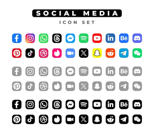 Ícones de mídia social modelo vetorial de coleção de logotipos populares em diferentes cores