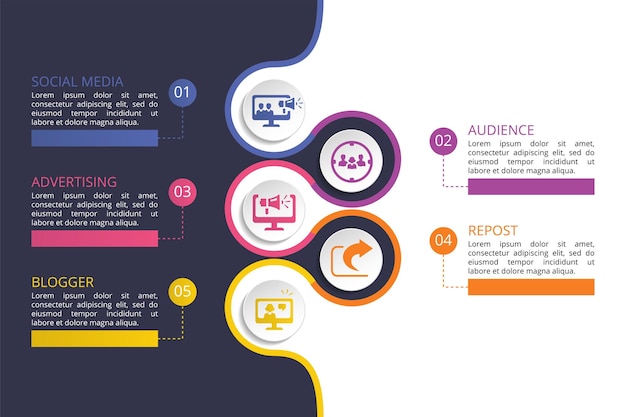 Vetor Ícones de modelo de mídia social infográfico em cores diferentes