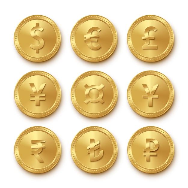 Ícones de moedas de ouro com moedas diferentes definidas, símbolos de coleção de dólar, euro, libra esterlina, iene, yuan, rupia, lira turca, rublo, sinais de dinheiro realistas isolados
