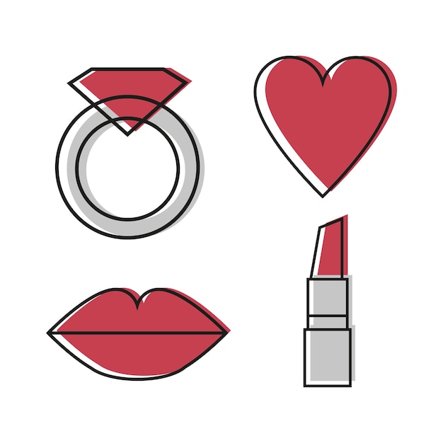 Ícones de mulher vector conjunto de quatro símbolos - anel, coração, lábios, batom nas cores vermelho e cinza - linha desigh