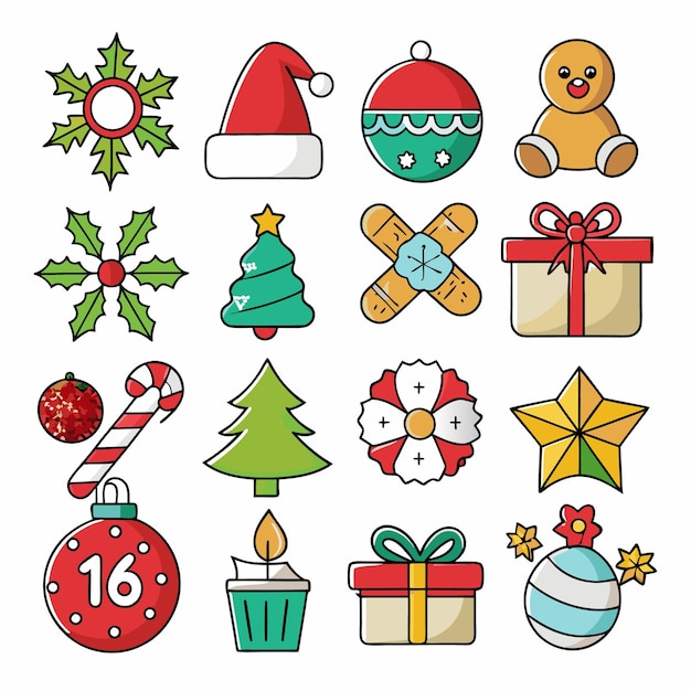 Ícones de Natal em estilo de desenho animado plano