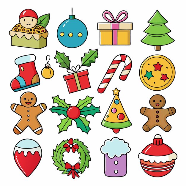 Ícones de Natal em estilo de desenho animado plano
