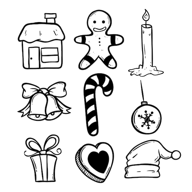 ícones de natal preto e branco usando arte doodle