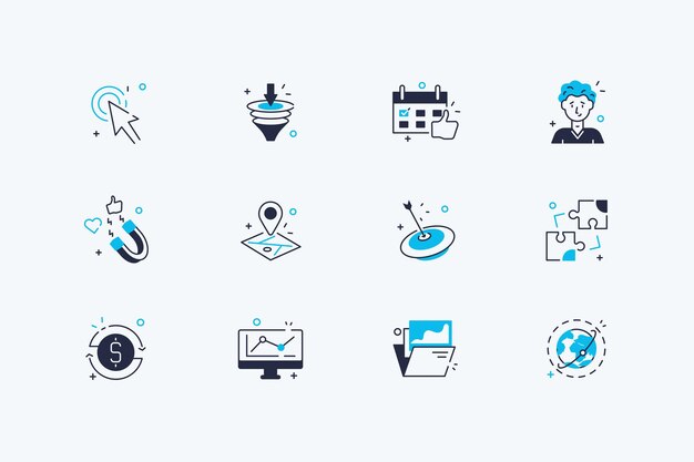 Ícones de negócios definir ilustração vetorial a coleção consiste em símbolos de arte de linha de negócios, como planejamento de trabalho, mapa de localização, pino, destino, adicionar quebra-cabeças, computador, conceito plano de gráfico, isolado no branco