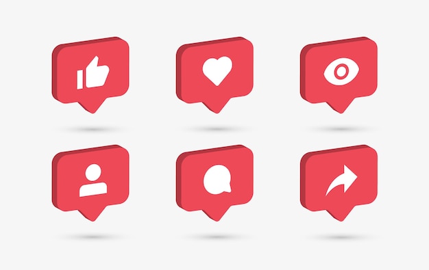 Vetor Ícones de notificação de mídia social em balões de fala 3d, como seguidor de compartilhamento de comentários de amor visto