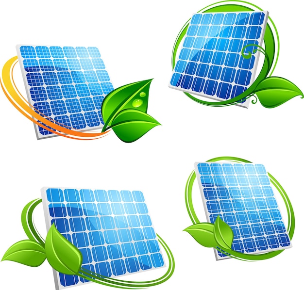 Ícones de painéis solares de energia alternativa em quadros verdes e laranja com folhas frescas em estilo cartoon para design de conceito de ambiente ou ecologia