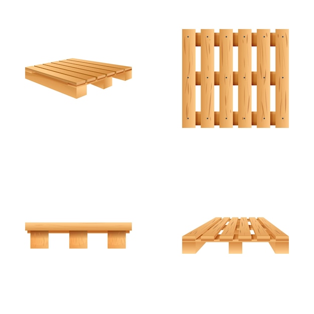 Icones de palete de madeira set vetor de desenho animado bandeja de madeira para transporte de carga Equipamento de armazenamento