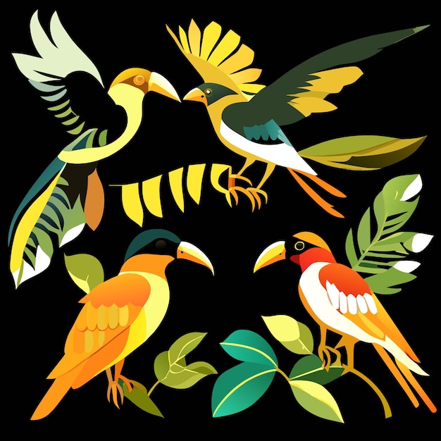 Vetor Ícones de pássaros amazônicos em design plano