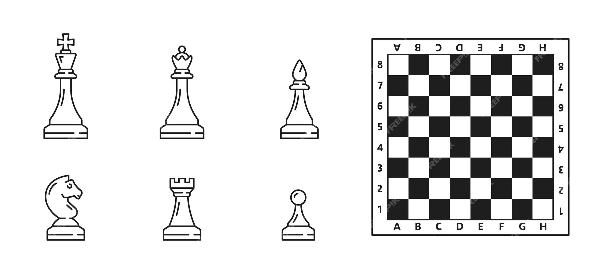 Ícones de peças de xadrez com nomes. jogo de tabuleiro. silhuetas