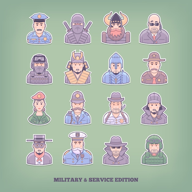 Ícones de pessoas dos desenhos animados. elementos militares e de execução. ilustração do conceito.