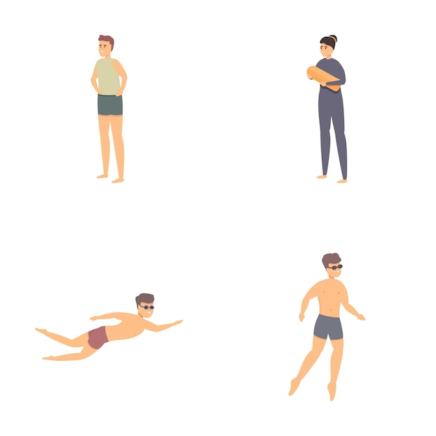 Vetor Ícones de pessoas nadando set vetor de desenho animado personagem masculino jovem ativo nadando
