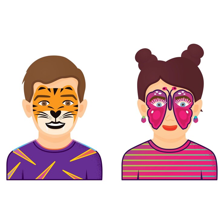 Vetor ícones de pintura de rosto menino e menina com pintura de tigre e borboleta isolada no fundo branco