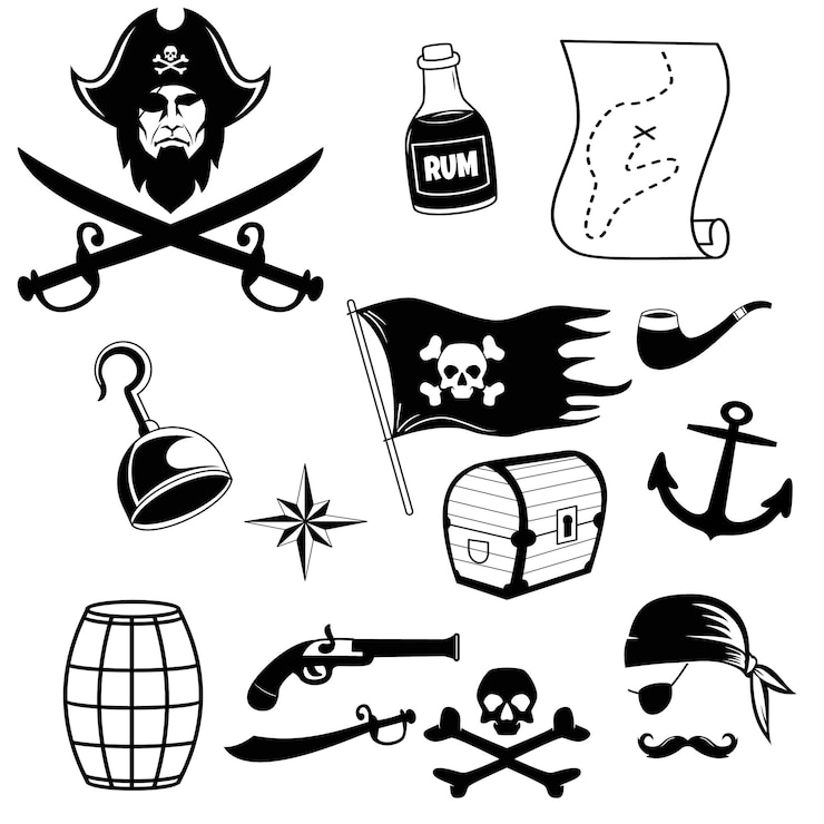 Vetor ícones de piratas com caveira de sabre com bandana e ossos.