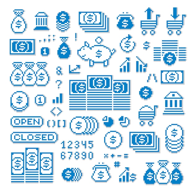 Vetor Ícones de pixel de vetor isolados, coleção de elementos gráficos de 8 bits. sinais digitais simplistas criados no tema de negócios e finanças.