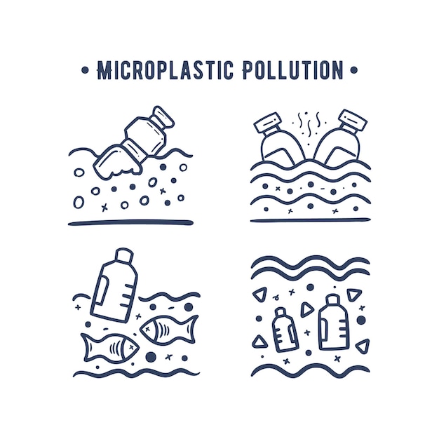 Vetor Ícones de poluição por microplásticos rabiscam a linha definida. ilustração de garrafa de plástico de oceano de ambiente de peixe