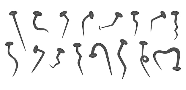 Ícones de pregos inoxidáveis martelados conjunto de pregos retos e curvos em várias formas abstratas