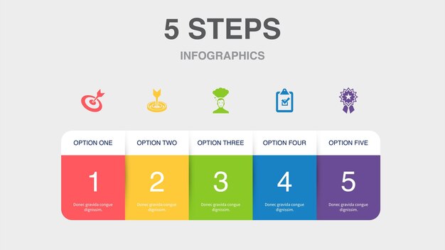 Ícones de prêmio de tarefa de desejo de meta alvo modelo de design de infográfico conceito criativo com 5 etapas