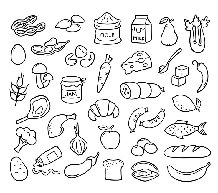 Vetor ícones de produtos alimentícios desenhados à mão doodle produtos de mercearia para projetos de menu e embalagens de alimentos comer conjunto de ilustração vetorial