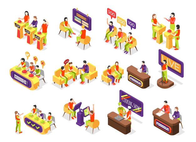 Ícones de programas de TV de teste definidos com ilustração vetorial isométrica de símbolos de escolha