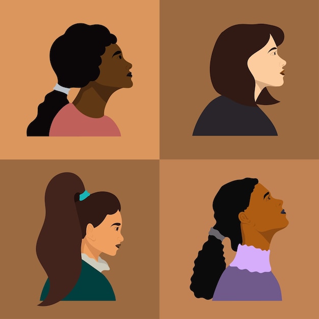 Vetor Ícones de quatro mulheres de diferentes nacionalidades. amizade das mulheres, união de feministas ou irmandade