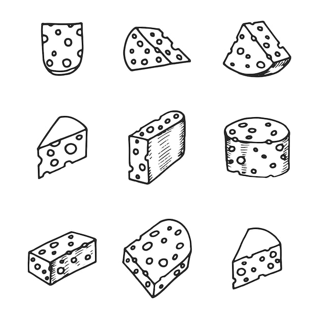 Vetor Ícones de queijo definir silhuetas de objetos isolados